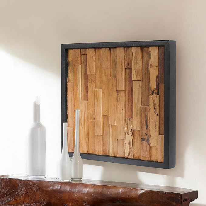Warmaxx Rustic Teak Wood Framed Wall Décor Aesthetic 17" x 17" Farmhouse Wall Art Christmas Decoration Home Office Dorm Neutral Square Handmade Geometric Wooden Wall Décor Living Room Bedroom Hallway