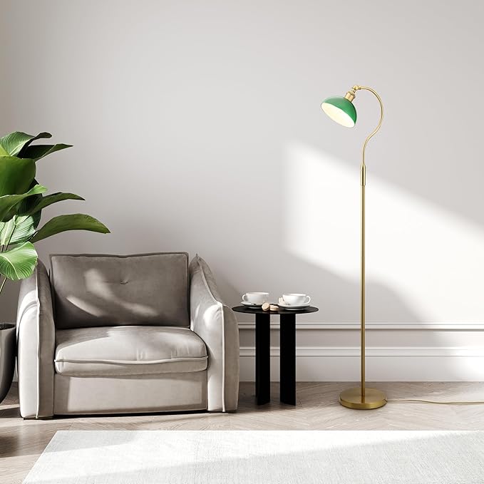 O’Bright Heritage - Banker’s Floor Lamp, 3-Level Touch Dimming, Adjustable Tilt Shade, Removable Lampshade Design, E26 Socket with 6W Dimmable LED Bulb, Green Glass Shade, Antique Brass