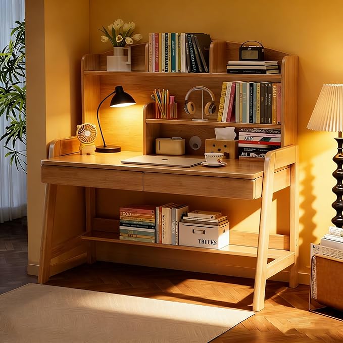 Home Office Desk with Drawers & Shelves, Wood Work Desk for Small Spaces, 3-Level Height-Adjustable Desks with Storage, Home Office Table for Bedroom & Office, Natural, 36.7 Inch