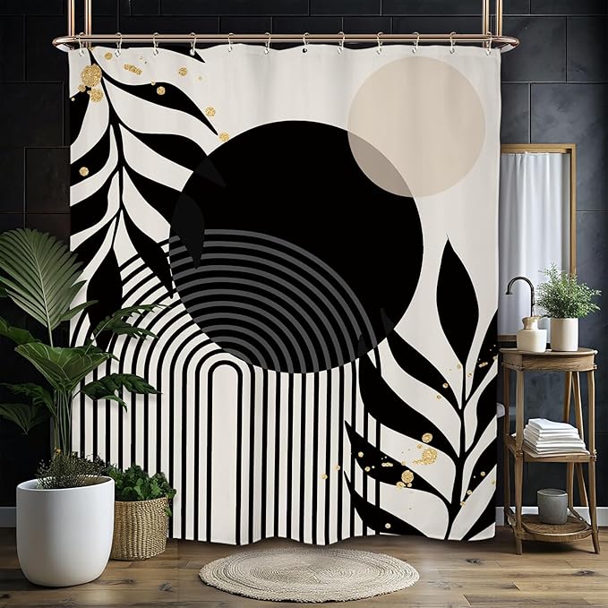 Miyotaa Abstract Black Geometric Shower Curtain Set 60Wx71H Inches Minimalist Aesthetic Modern Simple Contemporary Plant Leaves Neutral Waterproof Bathroom Curtain with 12 Hooks