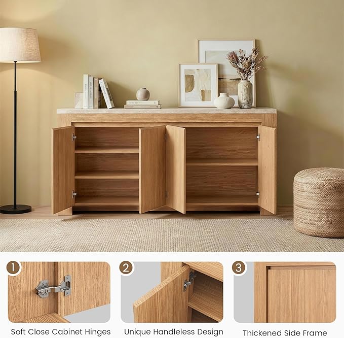 Buffet Cabinet with Storage, 63" Sideboard Buffet Accent Cabinet with Faux Marble Top & 4 Doors, Modern Buffet Table Credenza Cabinets for Living Room, Dining Room, Kitchen（Natural Oak）