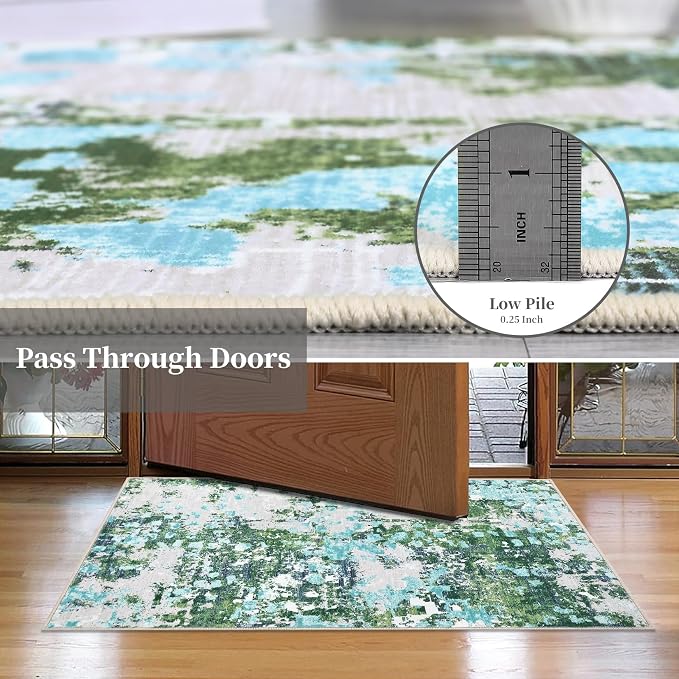 GAOMON Washable Modern Abstract 4x6 Small Area Rugs Non Slip Soft Bedroom Rug Low Pile Dining Room Carpet Mat Colorful Abstract Throw Rug for Nursery Office Entrance, Green/Turquoise