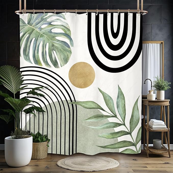 Miyotaa Abstract Light Sage Green Shower Curtain Set 60Wx71H Inches Minimalist Aesthetic Modern Contemporary Plant Leaves Neutral Monstera Mid Century Waterproof Bathroom Curtain with 12 Hooks