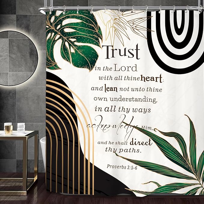 Miyotaa Abstract Bible Quotes Shower Curtain Set 60Wx71H Inches Minimalist Aesthetic Modern Emerald Green Contemporary Plant Leaves Neutral Positive Waterproof Bathroom Curtain with 12 Hooks