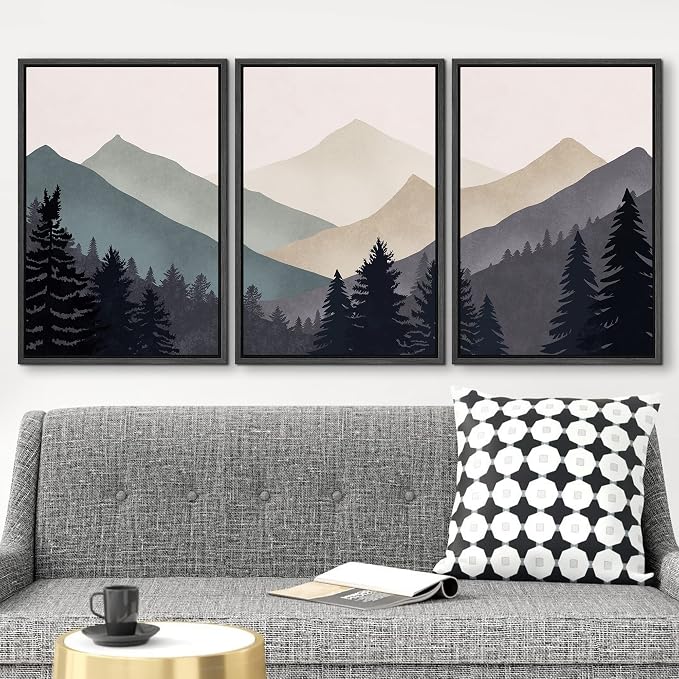 wall26 Framed Canvas Print Wall Art Set Woodland Nursery Decor Blue Gray Duotone Mountain Forest Abstract Nature Nordic Decorative Minimal Boho for Living Room, Bedroom, Office - 16"x24"x3 Black