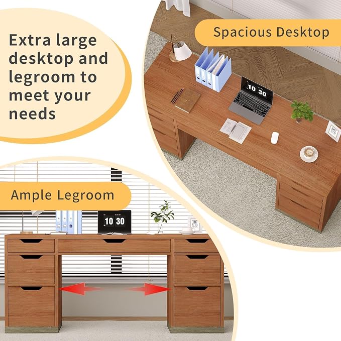 MaverickFurni 54 Inch Executive Desk with Drawers, Computer Desk with 7 Drawers for Bedroom, Office Desk with File Cabinet for Work Study Writing, Small Spaces, Brown