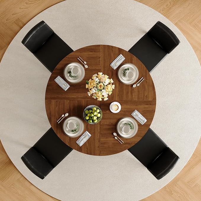 47" Round Dining Table Set for 4, Walnut Wood Grain Table and 4 Black PU Leather Upholstered Chairs Set, Mid Century Modern Kitchen Table Set with Cross Legs