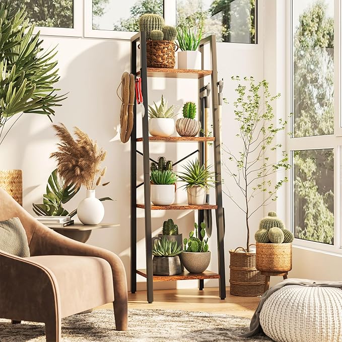 YMYNY 4 Tiers Ladder Bookcase, Industrial Narrow Bookshelf, Open Display Rack with 4 S Hooks, Metal Storage Shelves for Bedroom, Home Office, Living Room, Rustic Brown, 49.2H*13.4L*11.8W, UHBC024H