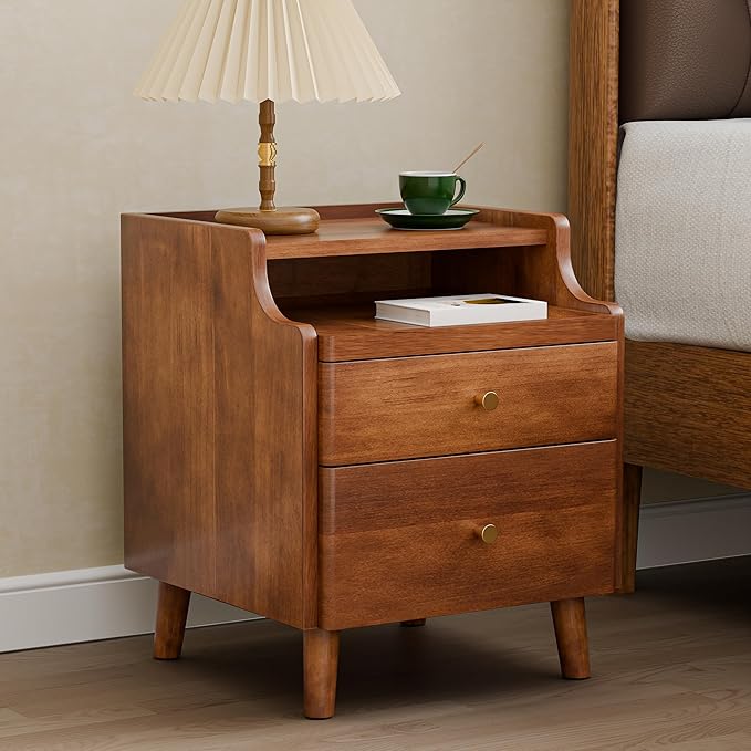Solid Wood Nightstand Set of 2, Pre-Assembled, 19.7”H Mid Century Modern Night Stand with Drawers, Open Sliding Shelf, Small Bedside Table for Bedroom, End Side Table, Walnut