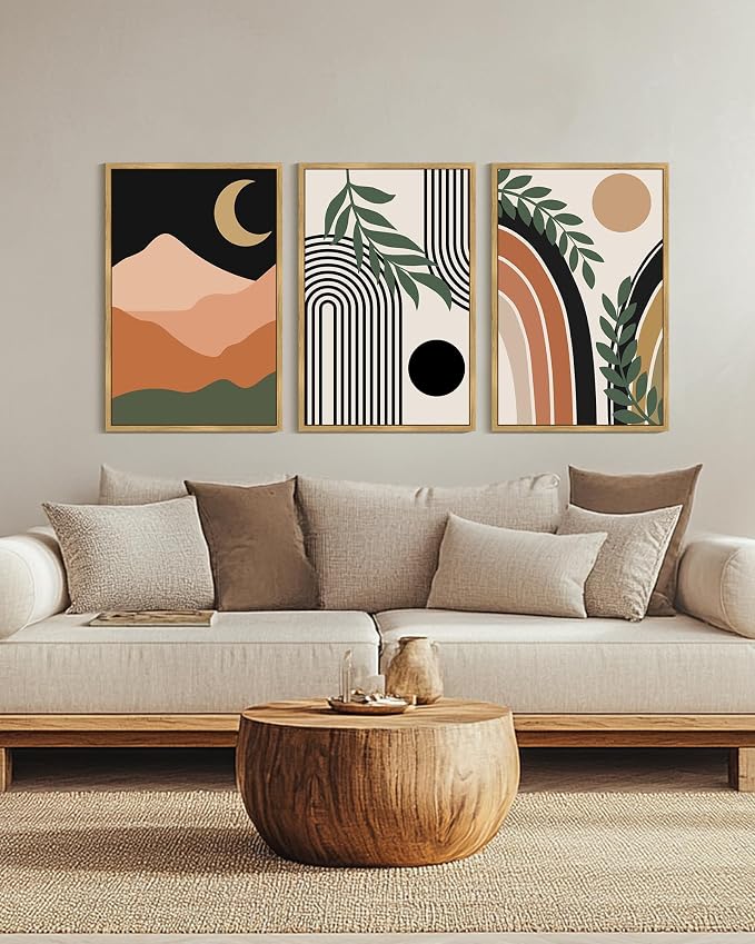 Drsoum Boho Wall Art Framed Bohemian Plant Wall Decor Abstract Geometry Artwork Hallway Living Room Prints Ready to Hang 24x36in Natural Framed