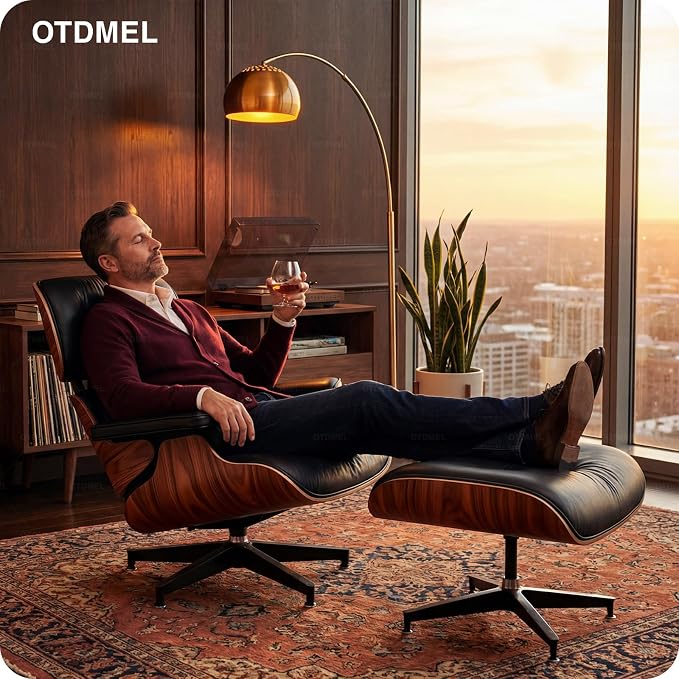 Luxury Top Grain Leather Mid Century Chaise Lounge Chair with Ottoman, Heavy Duty Base Support, Reading Chair, Modern Arm Chair, Leather Accent Chair for Living Room and Office, Rosewood