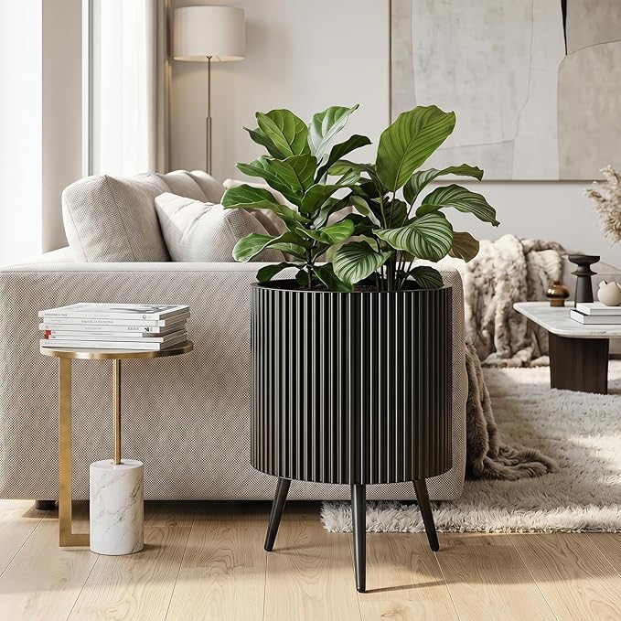 Giantex 16 Inch Plant Pot with Stand, Mid-Century Modern Fluted Planter with Built-in Drainage Holes, Metal Flower Pot with Tapered Legs for Living Room, Office, Porch, Garden