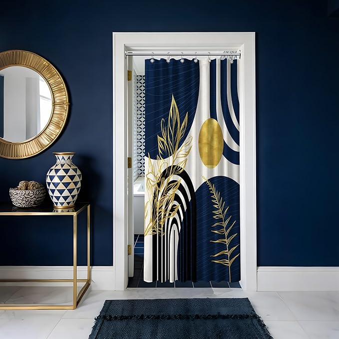 Mid Century Modern Navy Blue Shower Curtain Boho Dark Blue and Gold Leaves Shower Curtains for Mens Bathroom Decor Sets, Waterproof Cloth Fabric with Hooks, 36x72in