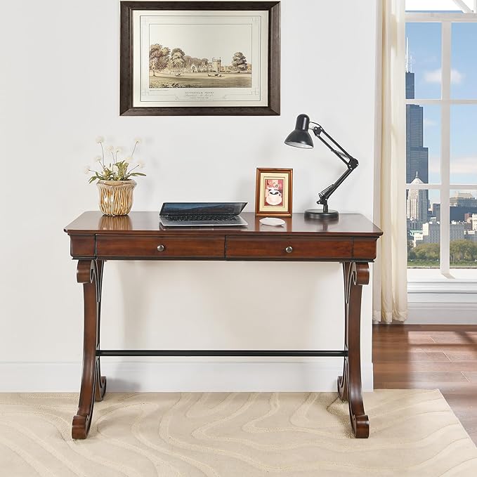 Mid-century Home Office Computer Desk with 2 Storage Drawers, Large 47"W French Provincial Vanity Desk Table with X Carved Legs, Solid Wood Dressing Desk, Console Table, Dark Cherry Red SSZ-D0036-DCR