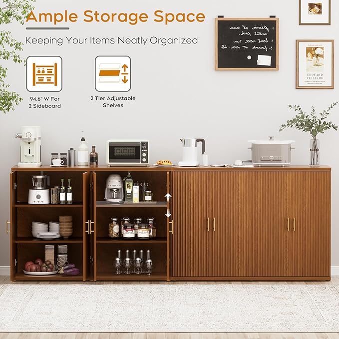 Yechen 94.6" Walnut Fluted Sideboard Buffet Cabinet with Storage and 8 Doors, Mordern Credenza Storage Cabinet with Adjustable Shelves, Media Console Table, for Living Room Dinning Kitchen(2 PCS)