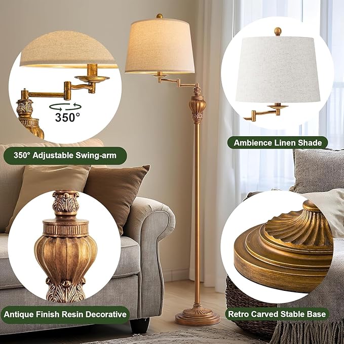 G-SAFAVA 61" Vintage Floor Lamp with 350° Adjustable Swing Arm, Gold Standing Lamp for Bedroom Living Room Nightstand Bedside Retro Farmhouse Mid Century Lamp Light Home Décor Office Gifts