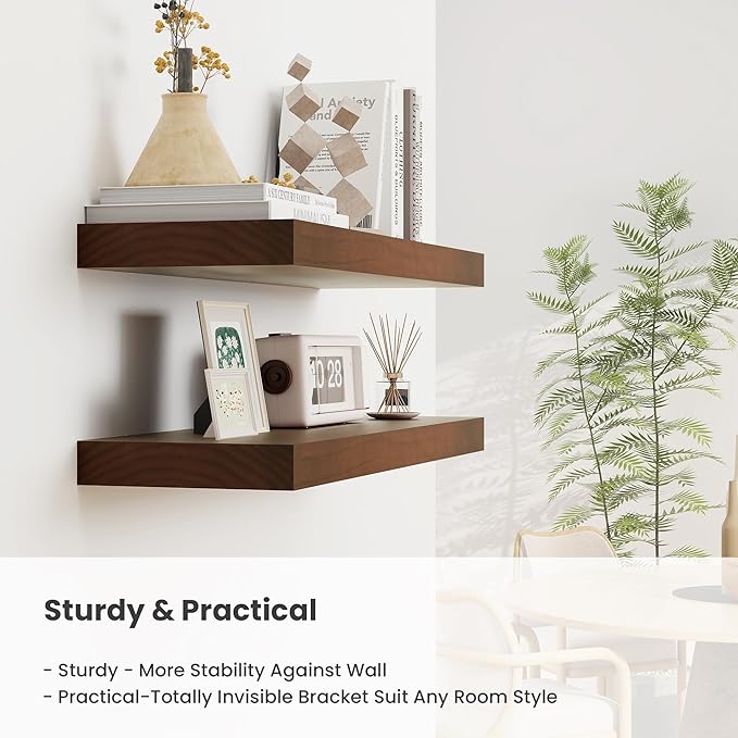 Fun Memories Wood Floating Shelves Set of 2, Rustic Pine Wood Floating Shelves for Wall Mounting, Wide Wall Shelf for Home Decor and Storage, 24" W x 7" D, Walnut