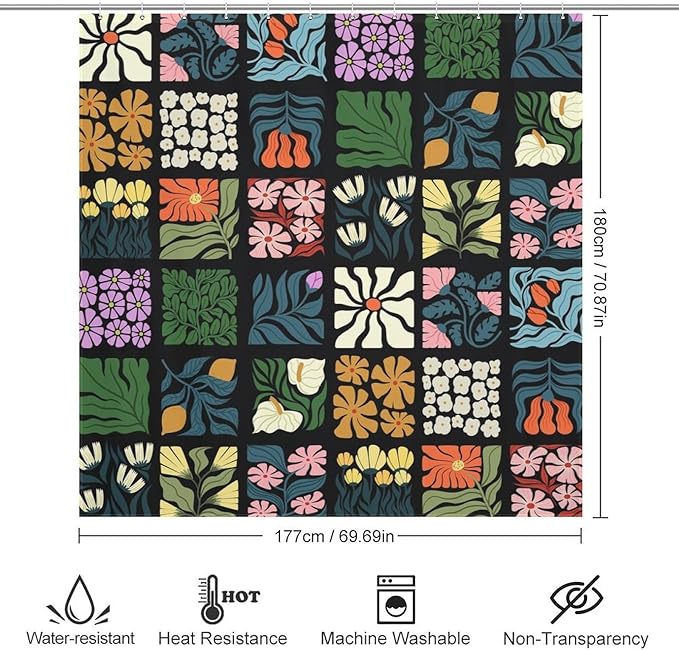 Vintage Floral Plant Lattice Shower Curtains Colorful Spring Flower Farmhouse Mid Century Cafe Washable Waterproof Fabric for Bathroom Decor Bathtub with 12 Hooks 72x72in (183x183cm)