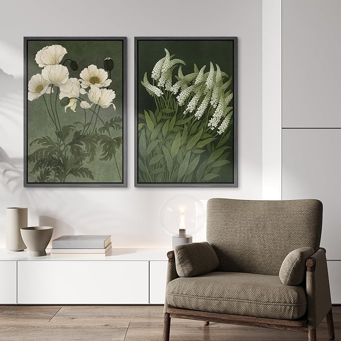 IDEA4WALL Framed Canvas Print Wall Art Set White Bloom Botanical Elegant Green and Cream Floral Illustrations Modern Art Decorative Calm/Zen for Living Room, Bedroom, Office - 24"x36"x2 Black