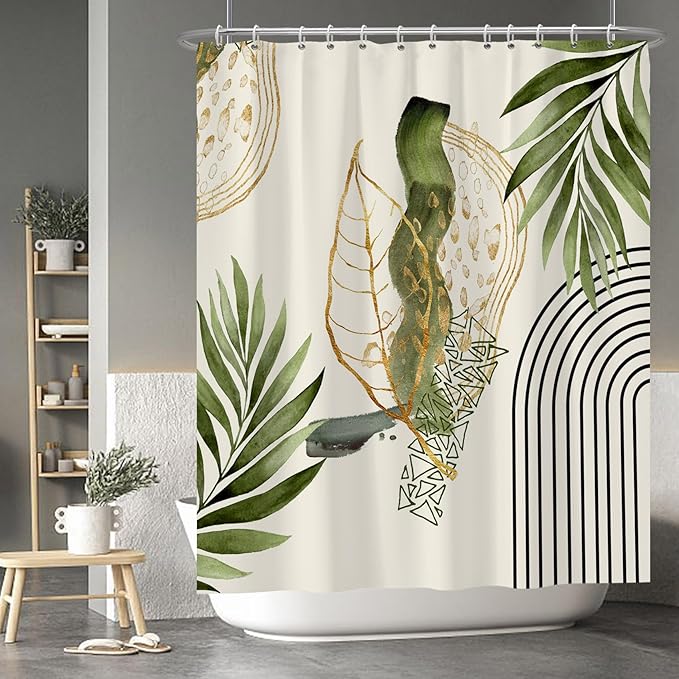 Baocicco Boho Shower Curtain Green Gold Leaves Modern Abstract Geometric Minimalist Shower Curtains Decorative for Bathroom Waterproof Fabric Shower Curtain with Hooks 60x72 Inches