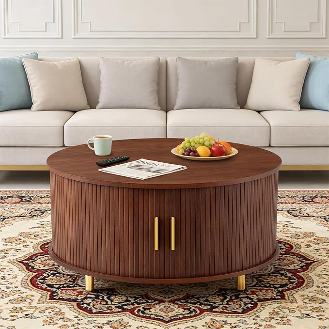 DHH Round Coffee Table, 31.5" Mid Century Modern Coffee Table with 360° Sliding Tambour Door, Fluted Accent Coffee Table with Storage Adjustable Footpads for Living Room (Walnut)