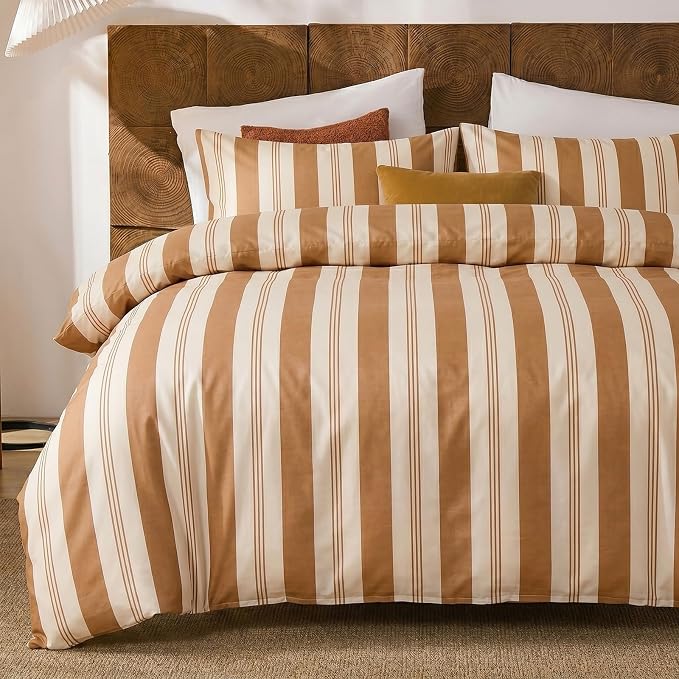 Merryword Khaki Striped Duvet Cover Set Queen Size, 100% Cotton Bedding Set with Zipper Closure & 8 Corner Ties, Awning Stripe Bedding, Soft Breathable Comforter Cover for All Seasons