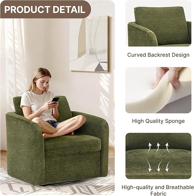 Swivel Accent Chair, Upholstered Barrel Chair with Washable Slipcover for Living Room Bedroom Reading Waitingroom,Green