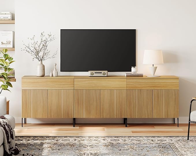 WAMPAT 94.5" W Large Sideboard Buffet Cabinet with Storage,3 in 1 Fluted Sideboard Buffet with 6 Doors, Wooden Buffet Table, Coffee Bar Wine Bar Cabinet for Kitchen, Dining Room, Living Room, Oak