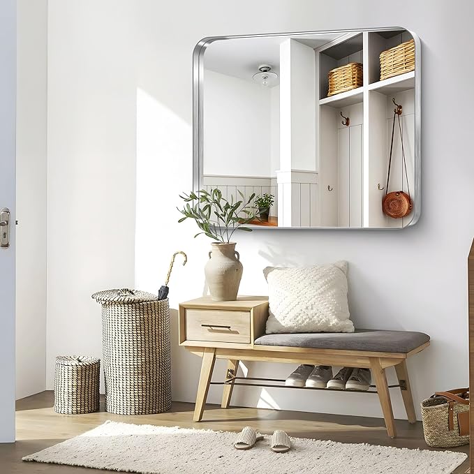 CIRCUMI Silver Bathroom Mirror, 40"x48" Rectangular Mirror with Deep Metal Frame, Rounded Corner, Tempered Glass, Large Mirror for Wall, Over 2 Sinks, Installed Vertically/Horizontally, Crystal-Clear