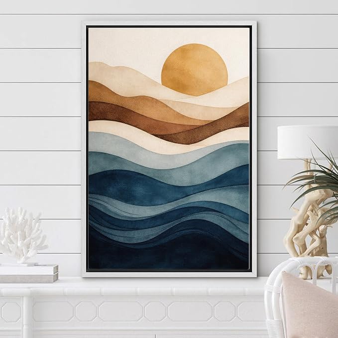 Woodrose Framed Canvas Print Wall Art Abstract Layered Landscape Sun and Waves Illustrations Modern Art Minimalist 3D Colorful Ultra for Living Room, Bedroom, Office - 16"x24" WHITE