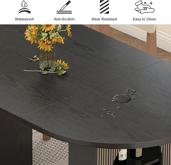 70.8" Oval Dining Table with Dual Side Storage Shelves, Wooden Table for 4–6 People, Modern Farmhouse Round Dinner Table for Kitchen, Reception, or Living Room (Black, Table Only)