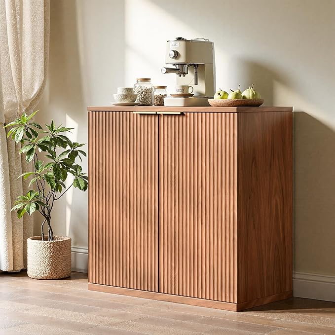 Evermagin 31.5" Walnut Buffet Cabinet with Storage, Small Sideboard Cabinet, Boho Fluted Accent Credenza for Dining Room, Kitchen, and Living Room
