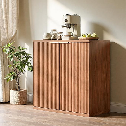 Evermagin 31.5" Walnut Buffet Cabinet with Storage, Small Sideboard Cabinet, Boho Fluted Accent Credenza for Dining Room, Kitchen, and Living Room