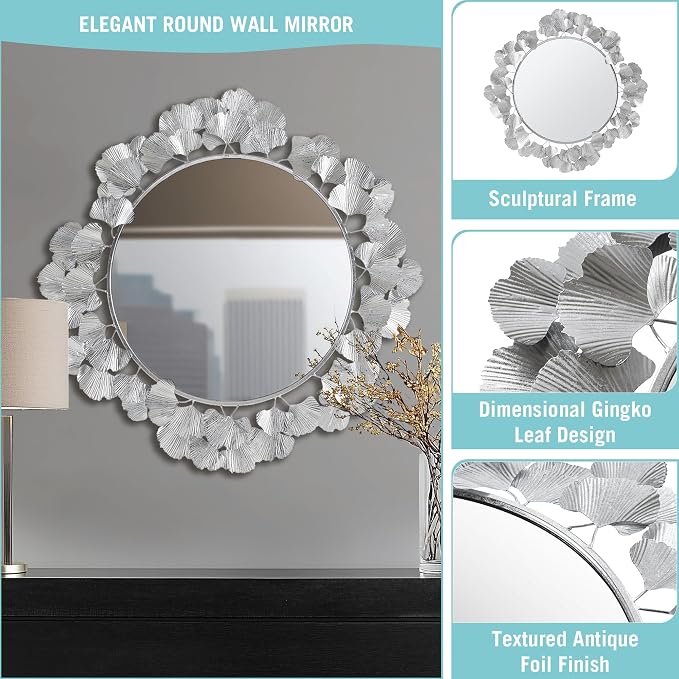 Martha Stewart Wall Décor Large Gingko Leaf Round Wall Mirror for Living Room, Iron Metal Plate Frame Antique Finish, Ready to Hang Bedroom Decoration, Eden, 30.5", Silver