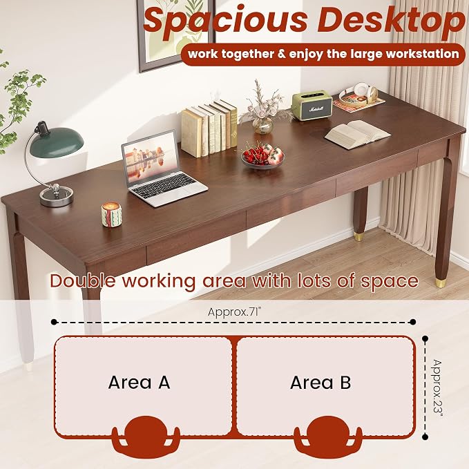 70.9” Long Solid Wood Desk with Drawers - Mid Century Modern Office Desks, Executive Computer Desk for Two People, 2 Person Desk|Gaming Writing Study Table for 2 Monitors-Dark Walnut
