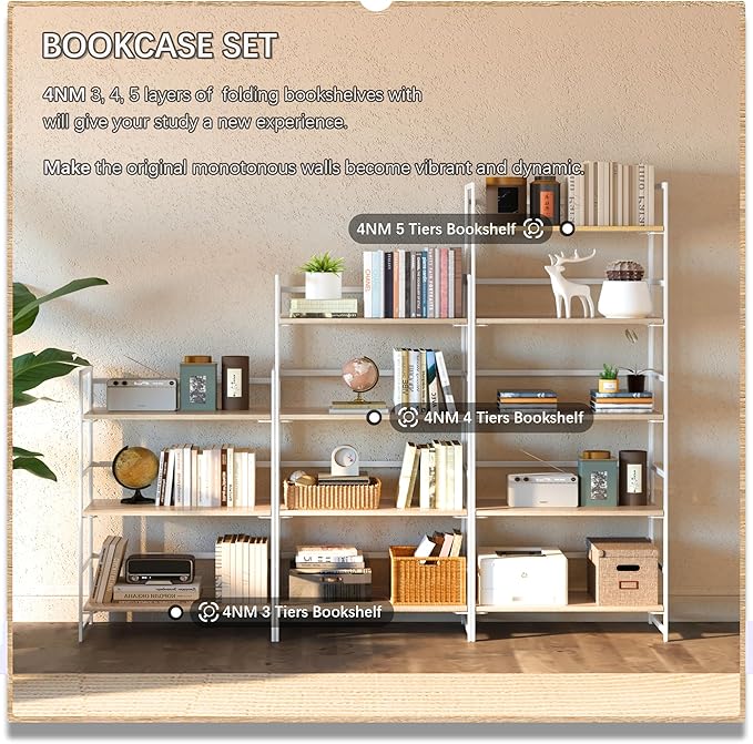 4NM No Assembly 5 Tiers Collapsible Book Shelves, 51.2" H Folding Bookshelf Bookcase Open Industrial Foldable Shelves for Bedroom, Living Room, Home Office - Natural White