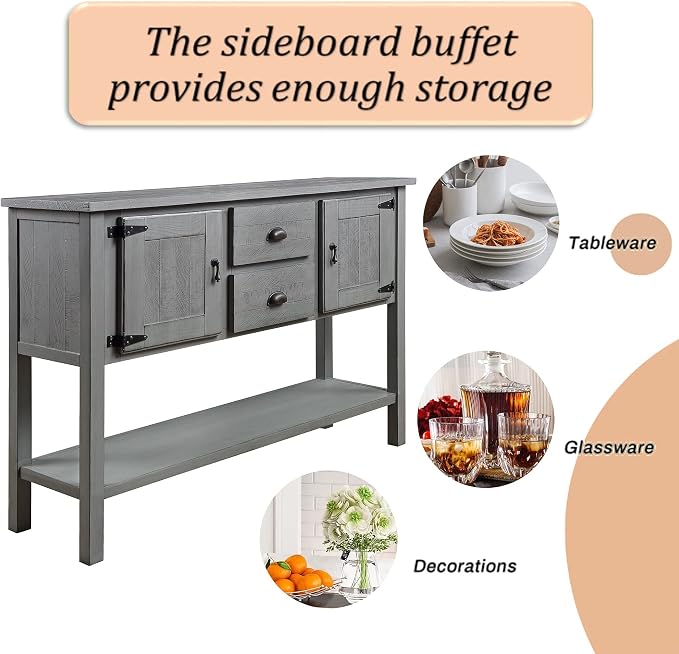 Merax Farmhouse Kitchen Sideboard Buffet Storage Cabinet with Drawers and Doors, Wood Sideboard Storage Cabinet with Open Shelf for Living Room Kitchen Dining Room, Antique Gray