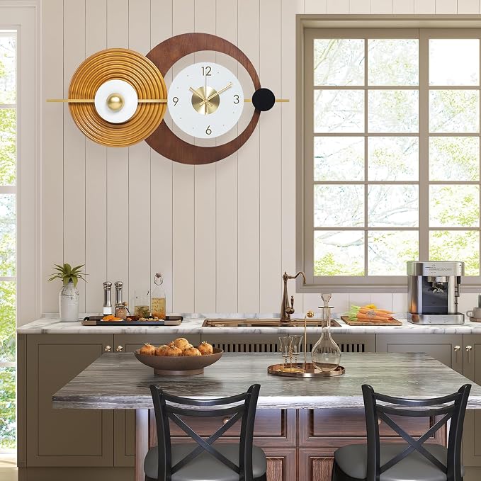 Wall Clock Modern Battery Operated Big Clocks Metal and Wooden Nordic Style Large Brown Wall Watch Decorative Timepiece Perfect for Home,Living,Bedroom 23X15inch