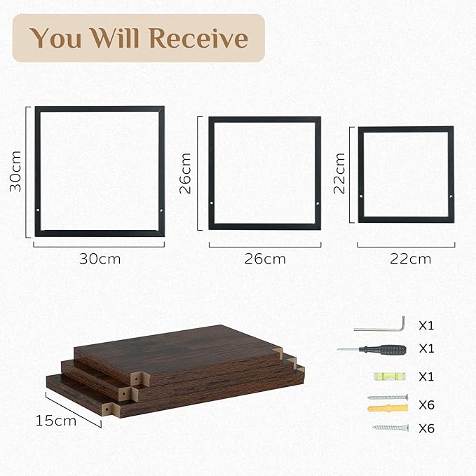 Wall Shelves for Living Room - Set of 3 Geometric Decorative Floating Shelf for Home Decor - Modern Industrial Wall Mounted Shelving Unit for Bedroom Bathroom Corner (Rustic Brown and Black)