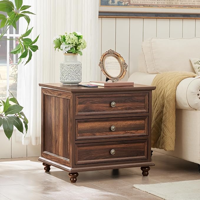 24" Wide Farmhouse Night Stand Set of 2,Large End Table with 3 Drawers & Metal Handle,Brown Wood Dresser for Bedroom Cabinet, Bed Side Table Chest of Drawers,Nightstand for Living Room,Closet