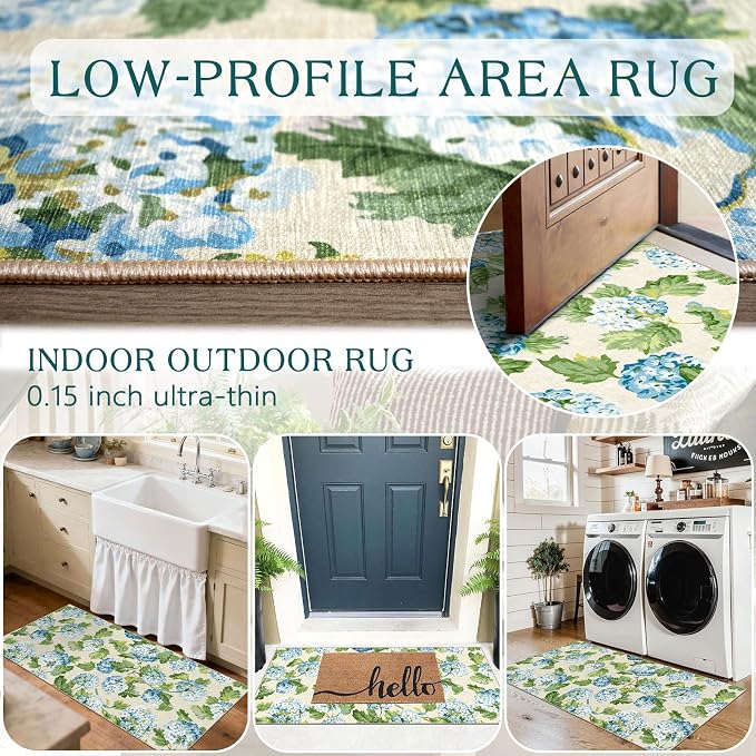 Front Door Mat Indoor Entrance - 2x4.3 Ft Spring Washable Layered Doormat Outdoor Entrance Porch Rug Non-Slip Light Blue Green Floral Runner Rug for Kitchen Bedroom Laundry Room Porch Decor
