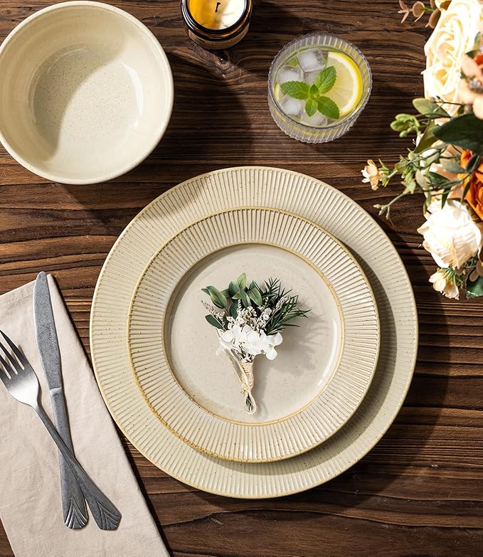 TheTerra Stoneware Dinnerware Sets for 4, 12 Pieces Ceramic Plates and Bowls Sets, Scratch Resistant Embossed Dish Set, Oven, Microwave & Dishwasher Safe, Cappuccino