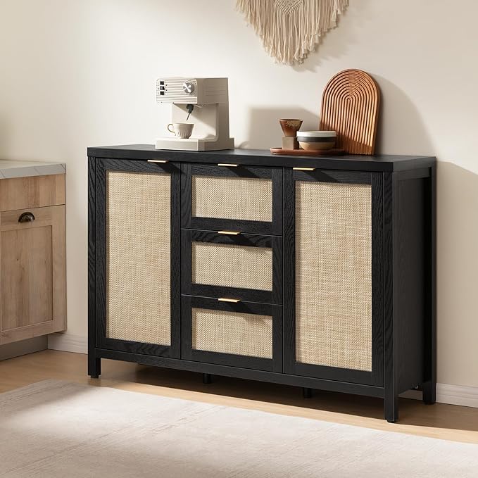 SICOTAS Rattan Sideboard Buffet Coffee Bar Cabinet with Storage - 52" Larger Farmhouse Credenza Storage Cabinet with 3 Drawers and 2 Doors, Boho Console Table for Living Room, Kitchen, Black Oak