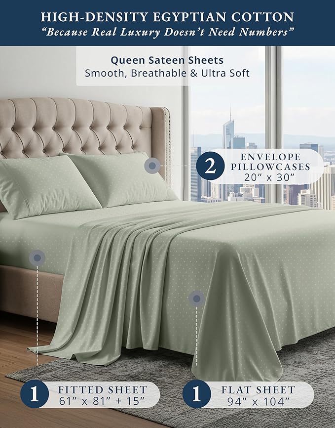 100% Egyptian Cotton Sheet Set Queen Size – Silky Sateen Weave Queen Sheet Set for Winter Sleep Comfort, 15" Snug Fit Deep Pocket, Breathable Hotel-Quality Soft Luxury You Can Feel - Swiss Dot Mineral