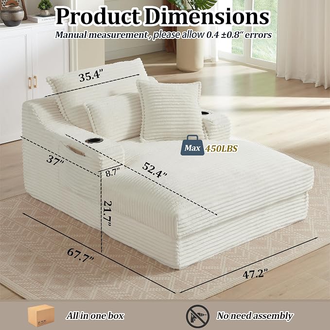 67" Oversized Chaise Lounge Chair Indoor, Corduroy Boneless Chaise Lounge with Cup Holders, 2 Side Pockets & 3 Soft Pillows, Deep Seat Sleeper Couch Reading Chair for Living Room Bedroom- Beige | Breathable material