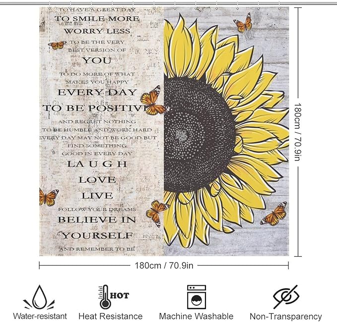 Inspirational Quotes Sunflowers Butterfly Shower Curtain,Vintage Old Newspaper Board Background Sunflower Animals Waterproof Shower Curtains for Bathroom Decor 12 Pack Hooks 72x72in (183x183cm)