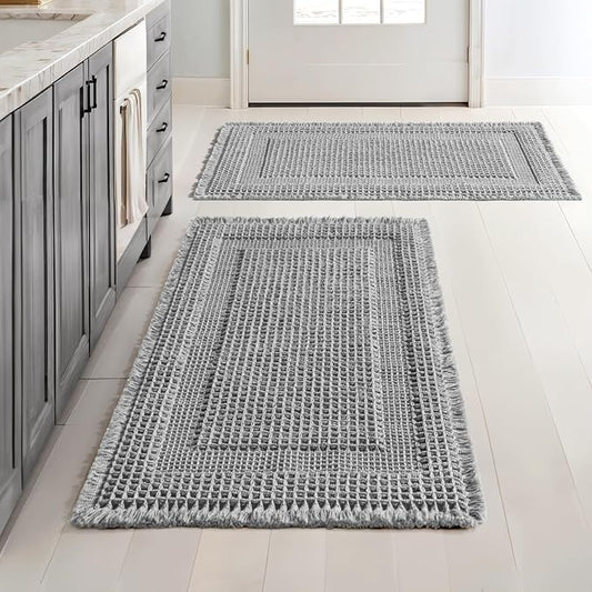 MIULEE Set of 2 Waffle Bathroom Rugs, Boho Bath Rug Super Absorbent, Non Slip Washable Ultra Soft Rubber Backed Shower Bath Mats for Floor, Tub, Shower, Looped Design, Light Grey, 18x30 Inch