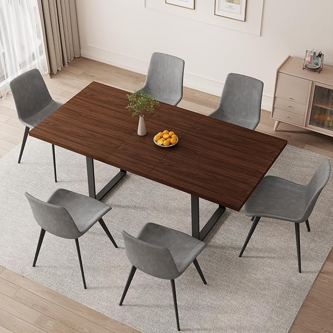 ZckyCine 67" Expandable Walnut Dining Table and 6 Upholstered Chairs, 7-Piece Dining Room Furniture Set, Mid-Century Modern Style for Home, Dining Room and Kitchen