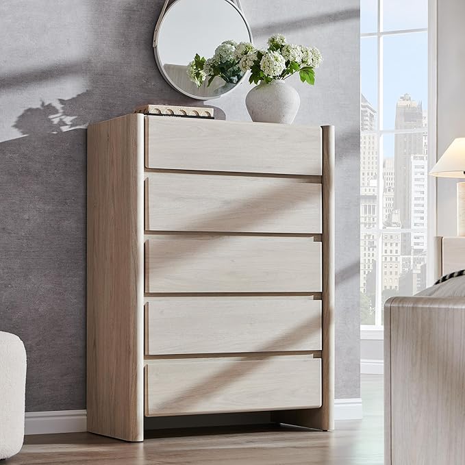 Modern 5 Drawers Dresser for Bedroom, 43" Tall Dresser & Chests of Drawers w/Rounded Corner, Wood Handleless Dresser w/Large Storage & Natural Texture for Bedroom, Living Room-Cream
