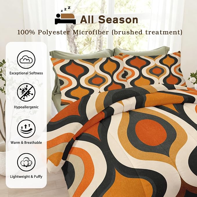 Retro Geometric Queen Size Comforter Sets 3 Piece, Mid Century Modern Printed Pattern, Soft All Season Bed Comforter & 2 Pillow Sham, Vintage Groovy Bedroom Decor Reversible Bedding D-GM24